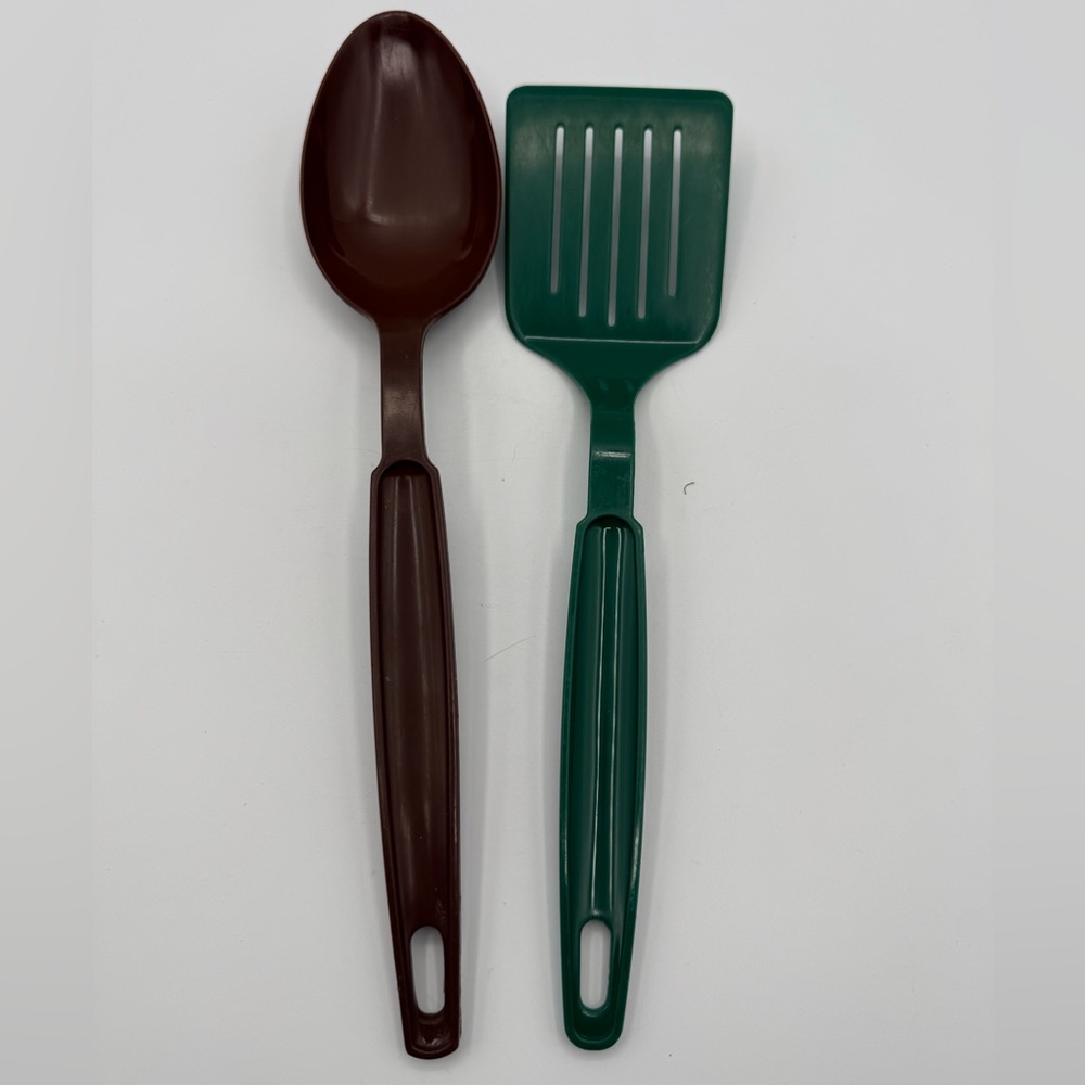 Vintage EKCO Utensils Lot Spoon & Slotted Spatula Green Brown Nylon Kitchen USA